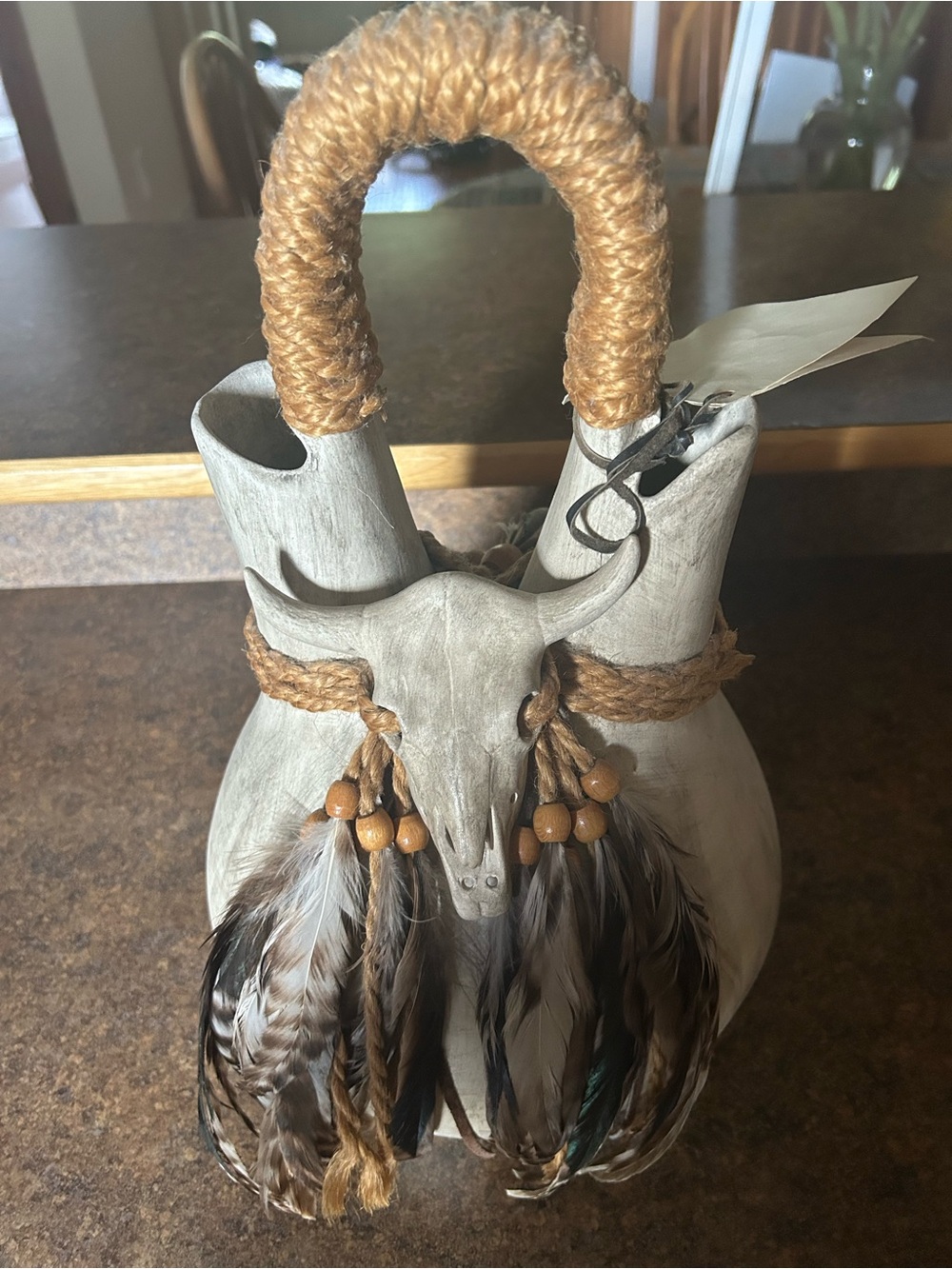 Buffalo David Bitton Neutral Skull Vase with Rope Handle and Feather Accents